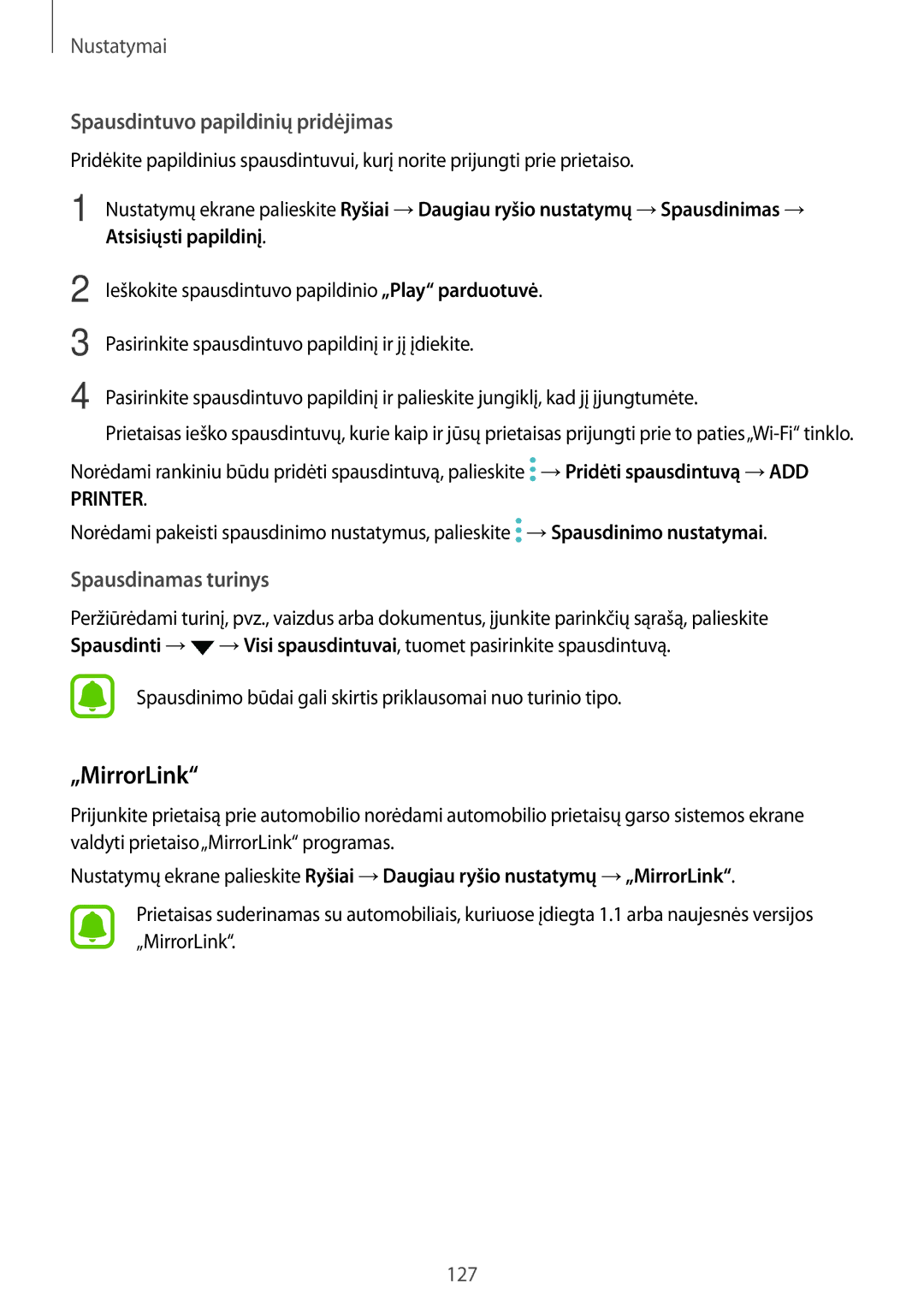 Samsung SM-A320FZINSEB, SM-A320FZKNSEB, SM-A320FZDNSEB manual „MirrorLink, Atsisiųsti papildinį, →Spausdinimo nustatymai 