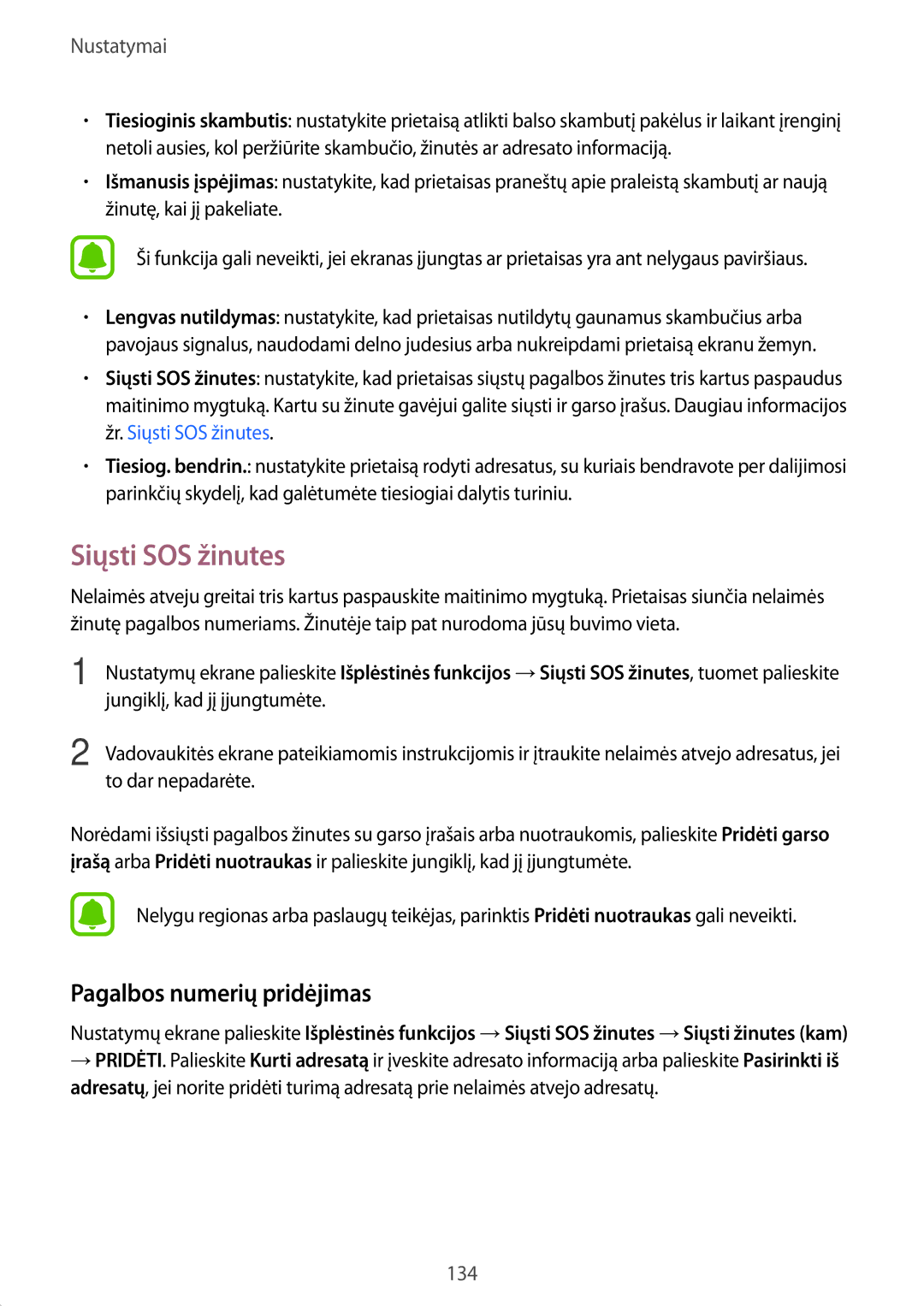 Samsung SM-A320FZDNSEB, SM-A320FZKNSEB, SM-A320FZINSEB manual Siųsti SOS žinutes, Pagalbos numerių pridėjimas 