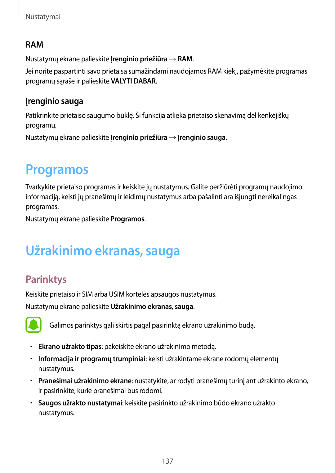 Samsung SM-A320FZDNSEB, SM-A320FZKNSEB, SM-A320FZINSEB manual Programos, Užrakinimo ekranas, sauga, Įrenginio sauga 