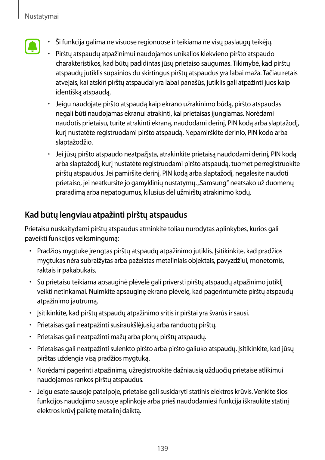 Samsung SM-A320FZINSEB, SM-A320FZKNSEB, SM-A320FZDNSEB manual Kad būtų lengviau atpažinti pirštų atspaudus 