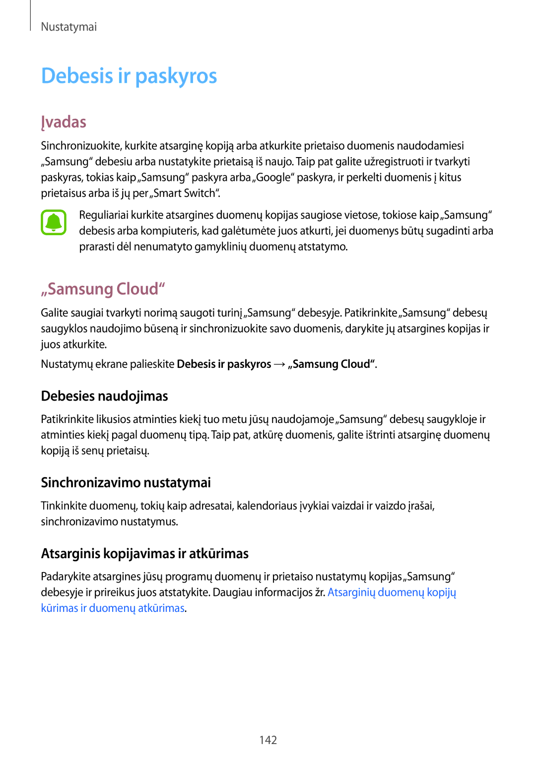 Samsung SM-A320FZINSEB manual Debesis ir paskyros, „Samsung Cloud, Debesies naudojimas, Sinchronizavimo nustatymai 