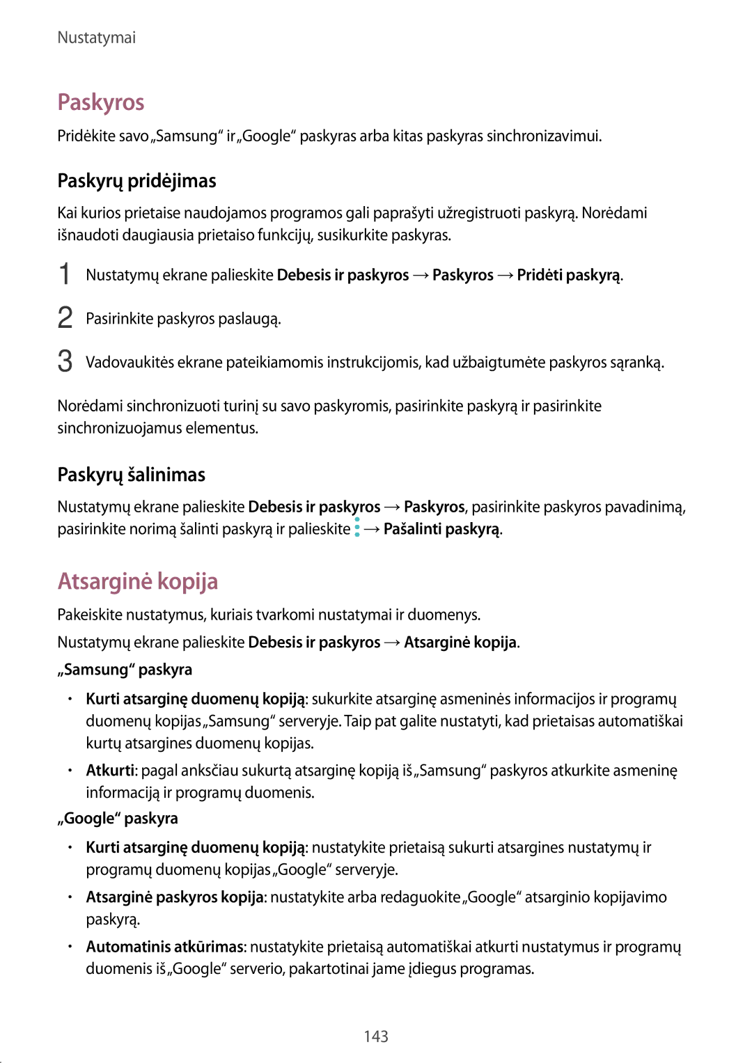 Samsung SM-A320FZDNSEB, SM-A320FZKNSEB Paskyros, Atsarginė kopija, Paskyrų pridėjimas, Paskyrų šalinimas, „Google paskyra 