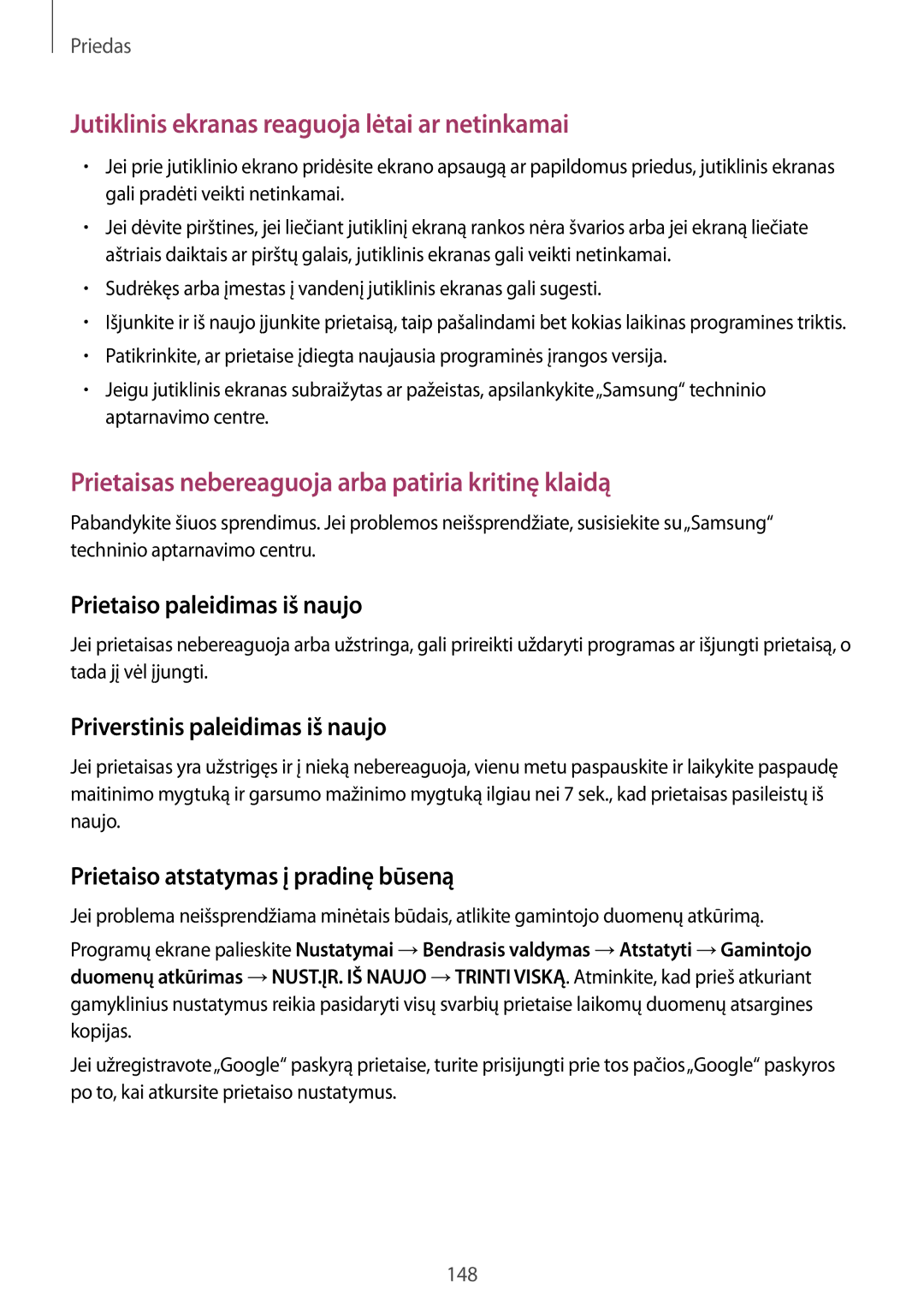 Samsung SM-A320FZINSEB, SM-A320FZKNSEB manual Priverstinis paleidimas iš naujo, Prietaiso atstatymas į pradinę būseną 