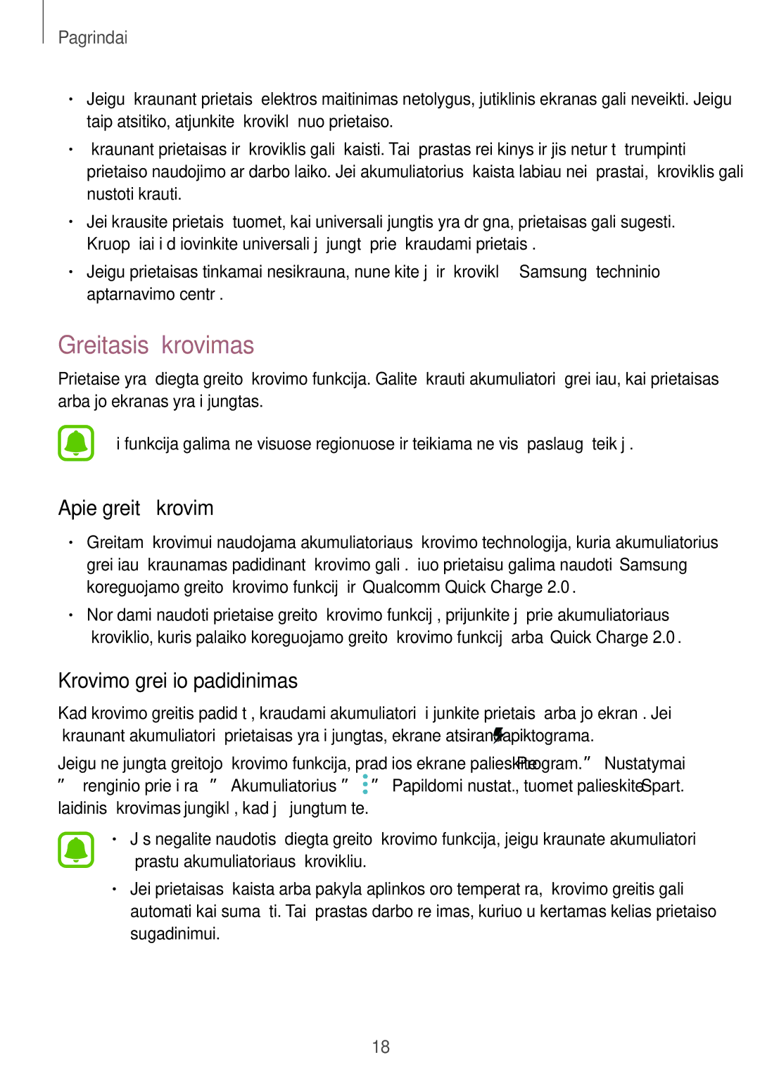 Samsung SM-A320FZKNSEB, SM-A320FZINSEB manual Greitasis įkrovimas, Apie greitą įkrovimą, Krovimo greičio padidinimas 