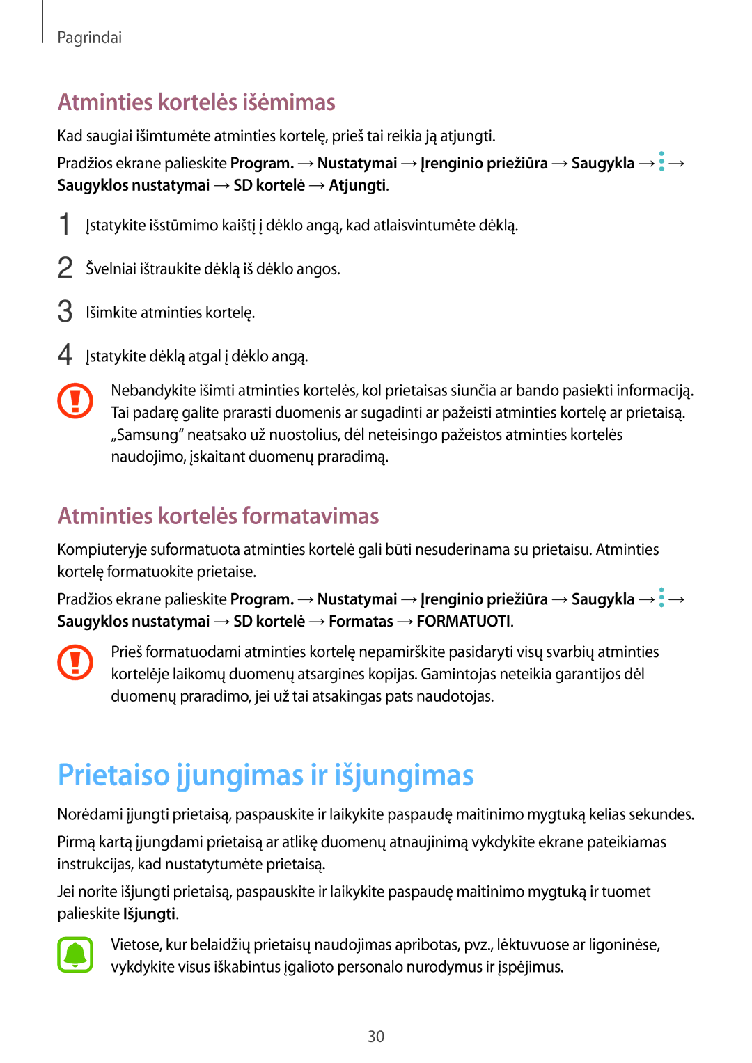 Samsung SM-A320FZKNSEB Prietaiso įjungimas ir išjungimas, Atminties kortelės išėmimas, Atminties kortelės formatavimas 