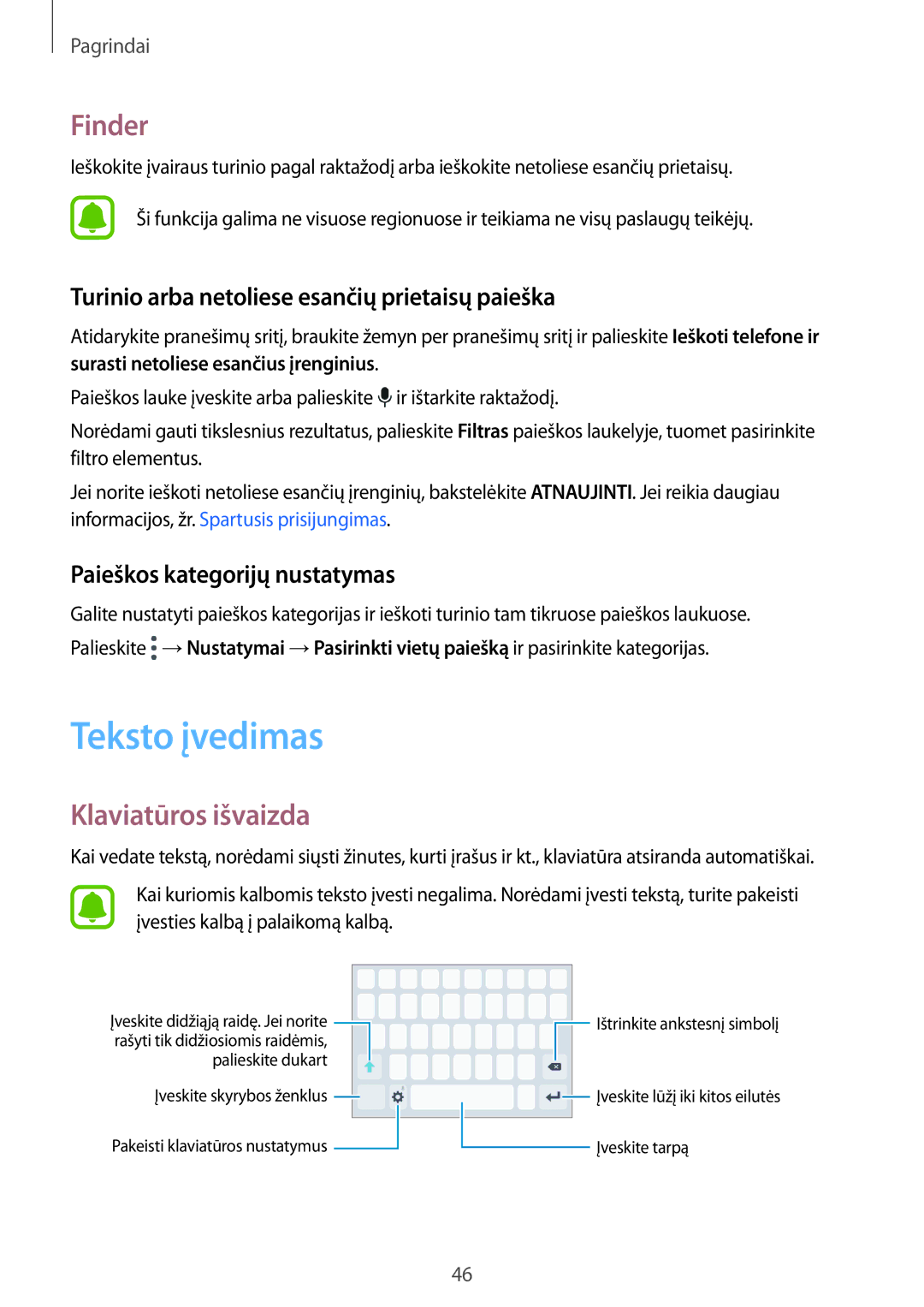 Samsung SM-A320FZINSEB Teksto įvedimas, Finder, Klaviatūros išvaizda, Turinio arba netoliese esančių prietaisų paieška 