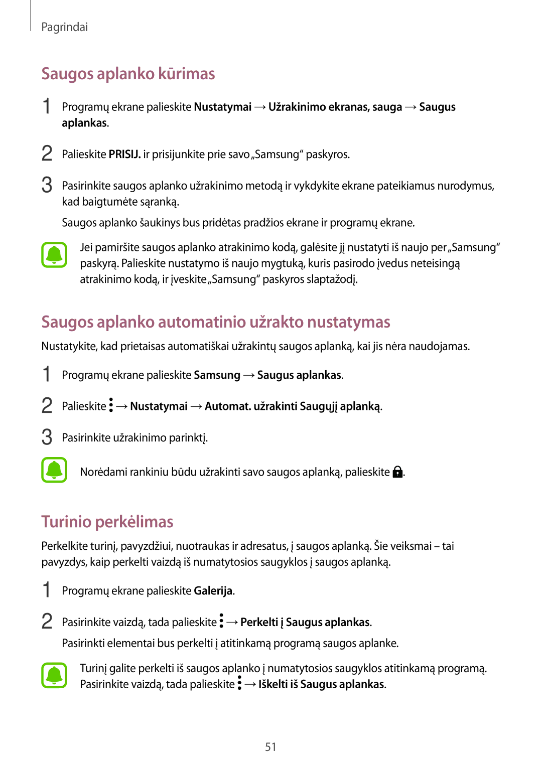 Samsung SM-A320FZKNSEB manual Saugos aplanko kūrimas, Saugos aplanko automatinio užrakto nustatymas, Turinio perkėlimas 