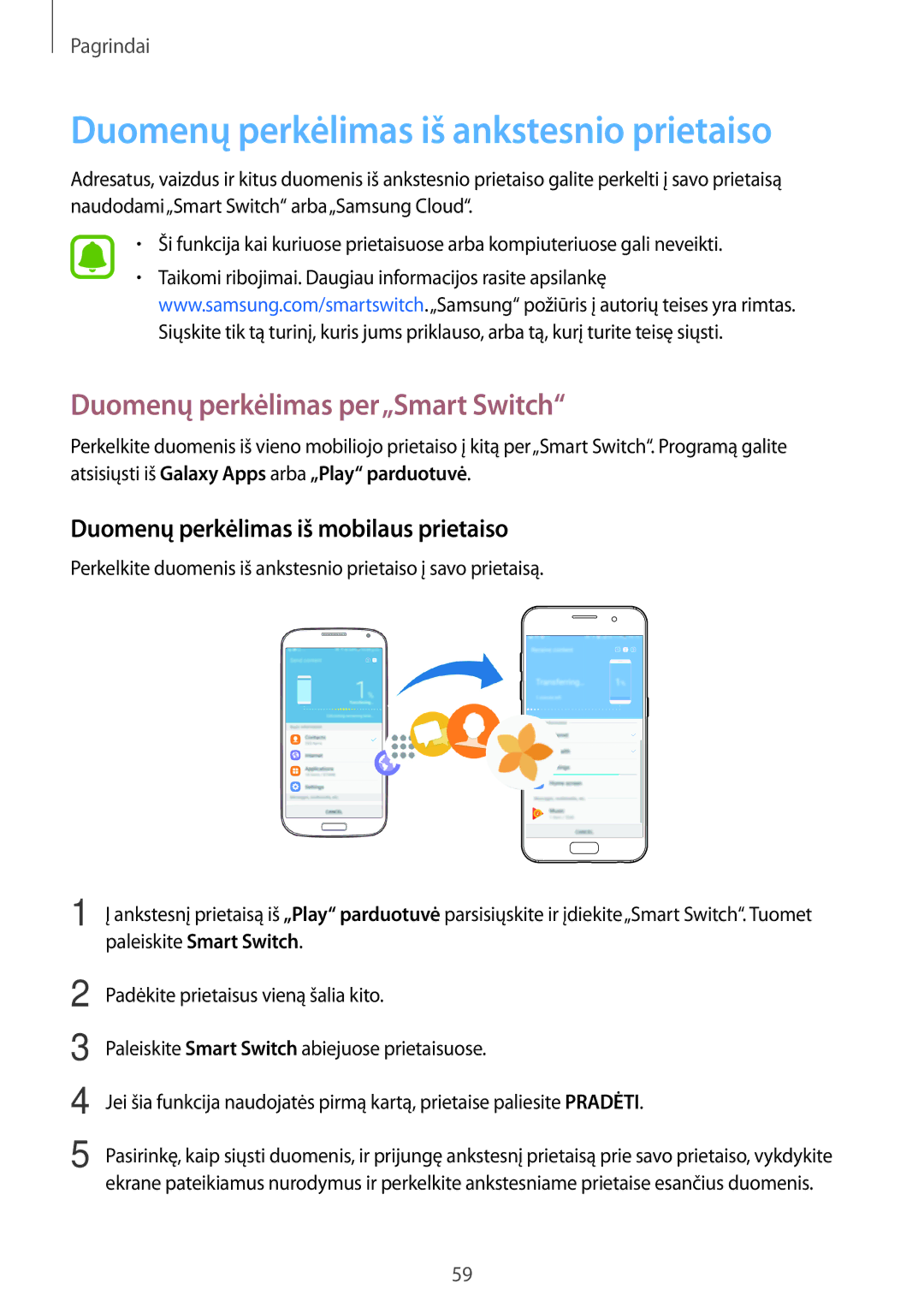 Samsung SM-A320FZDNSEB, SM-A320FZKNSEB Duomenų perkėlimas iš ankstesnio prietaiso, Duomenų perkėlimas per„Smart Switch 