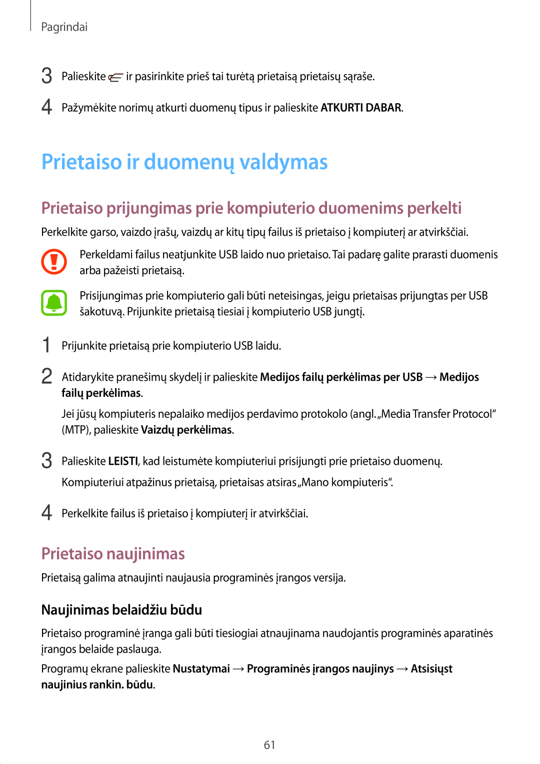 Samsung SM-A320FZINSEB, SM-A320FZKNSEB manual Prietaiso ir duomenų valdymas, Prietaiso naujinimas, Naujinimas belaidžiu būdu 