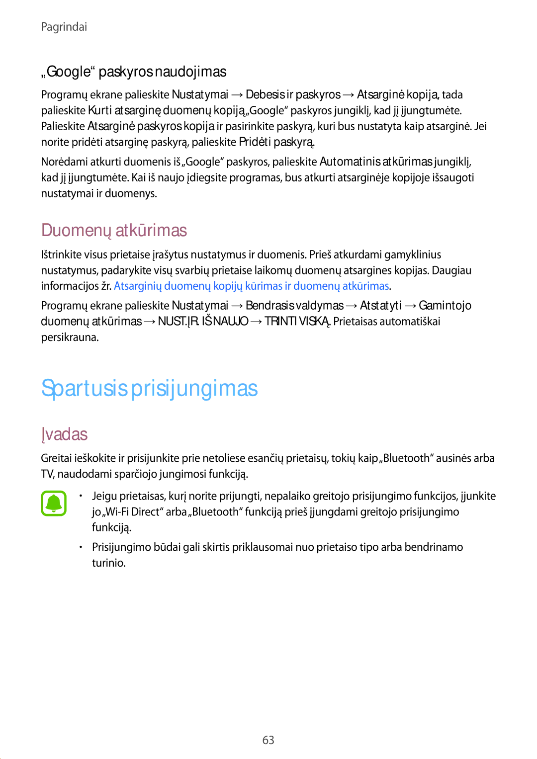 Samsung SM-A320FZKNSEB, SM-A320FZINSEB manual Spartusis prisijungimas, Duomenų atkūrimas, „Google paskyros naudojimas 