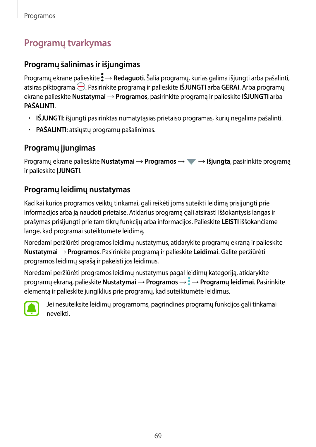 Samsung SM-A320FZKNSEB, SM-A320FZINSEB manual Programų tvarkymas, Programų šalinimas ir išjungimas, Programų įjungimas 