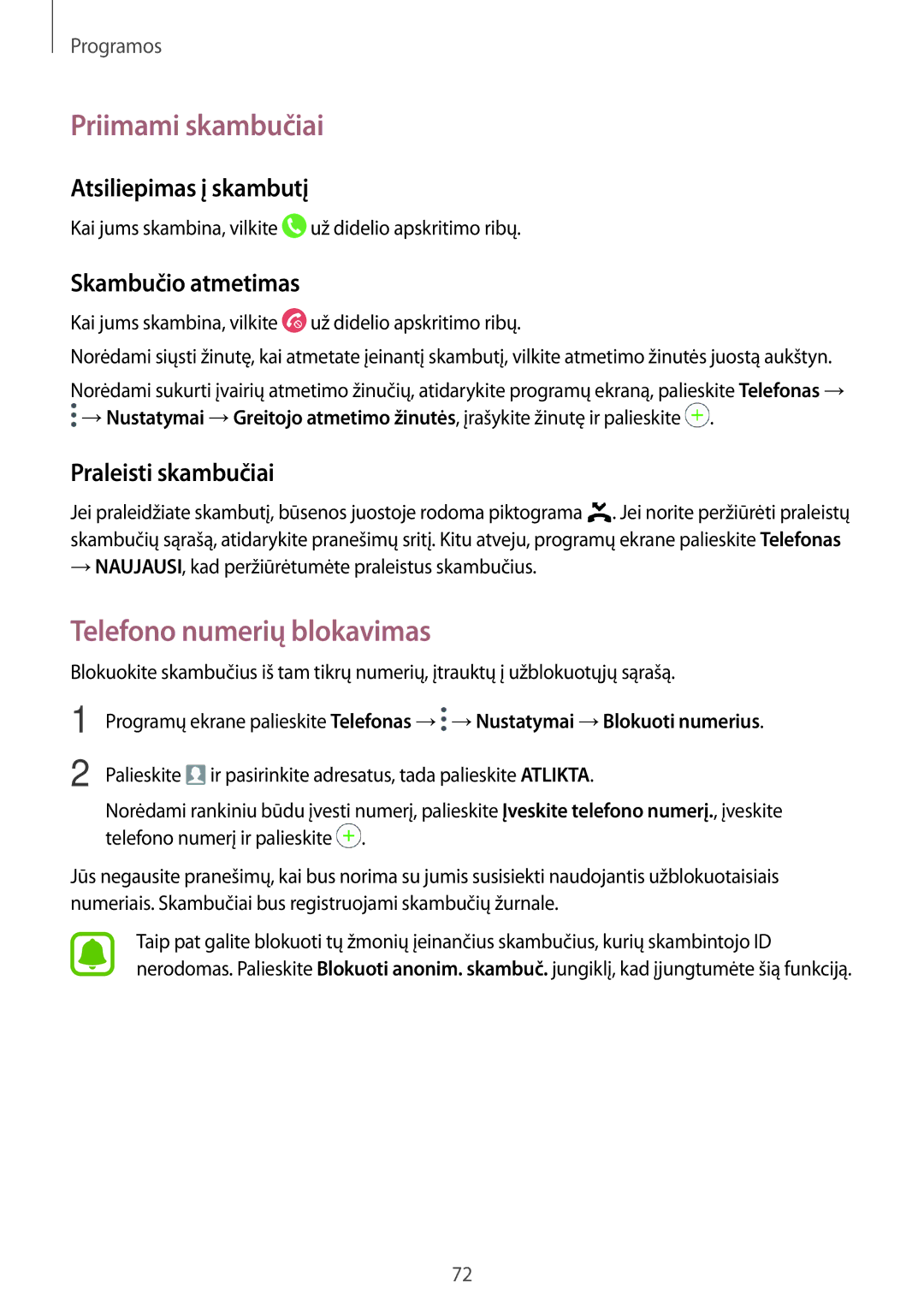 Samsung SM-A320FZKNSEB Priimami skambučiai, Telefono numerių blokavimas, Atsiliepimas į skambutį, Skambučio atmetimas 