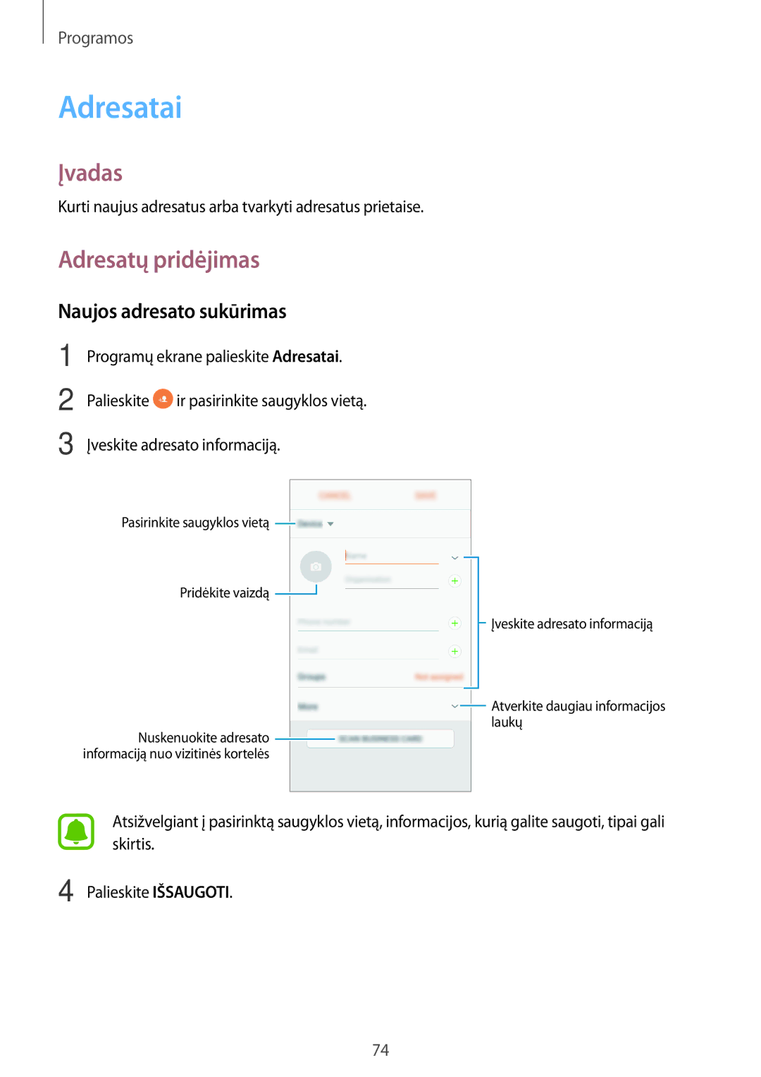 Samsung SM-A320FZDNSEB, SM-A320FZKNSEB, SM-A320FZINSEB manual Adresatai, Adresatų pridėjimas, Naujos adresato sukūrimas 