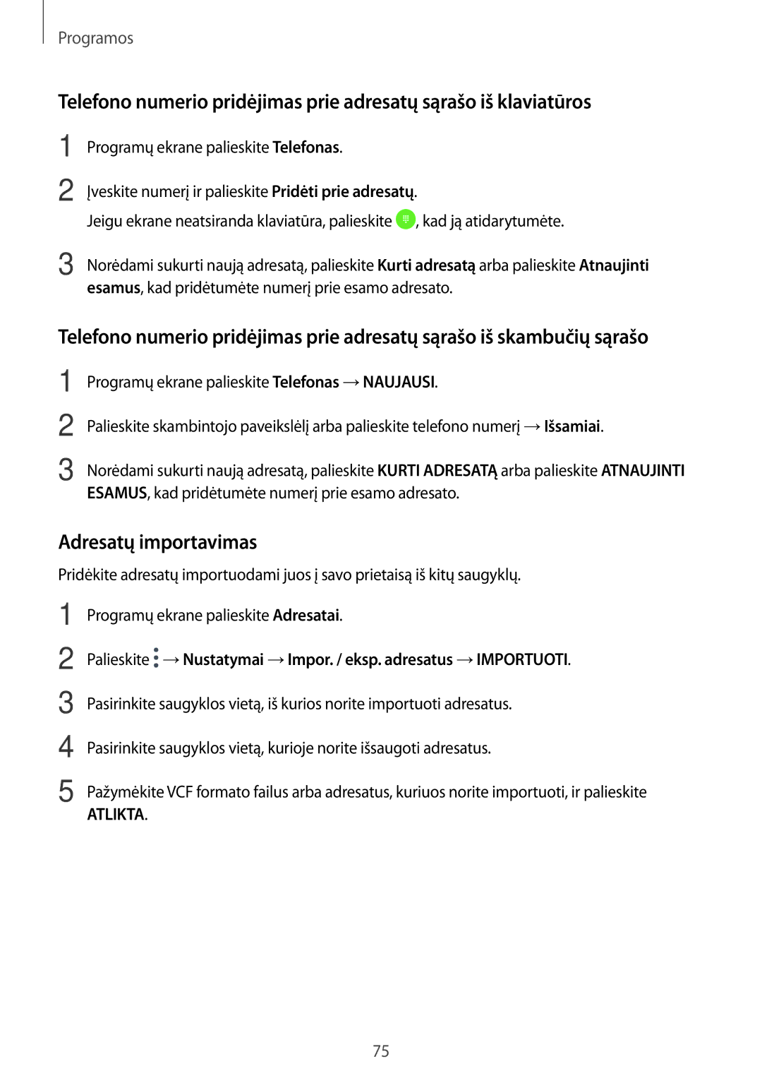 Samsung SM-A320FZKNSEB, SM-A320FZINSEB, SM-A320FZDNSEB manual Adresatų importavimas 