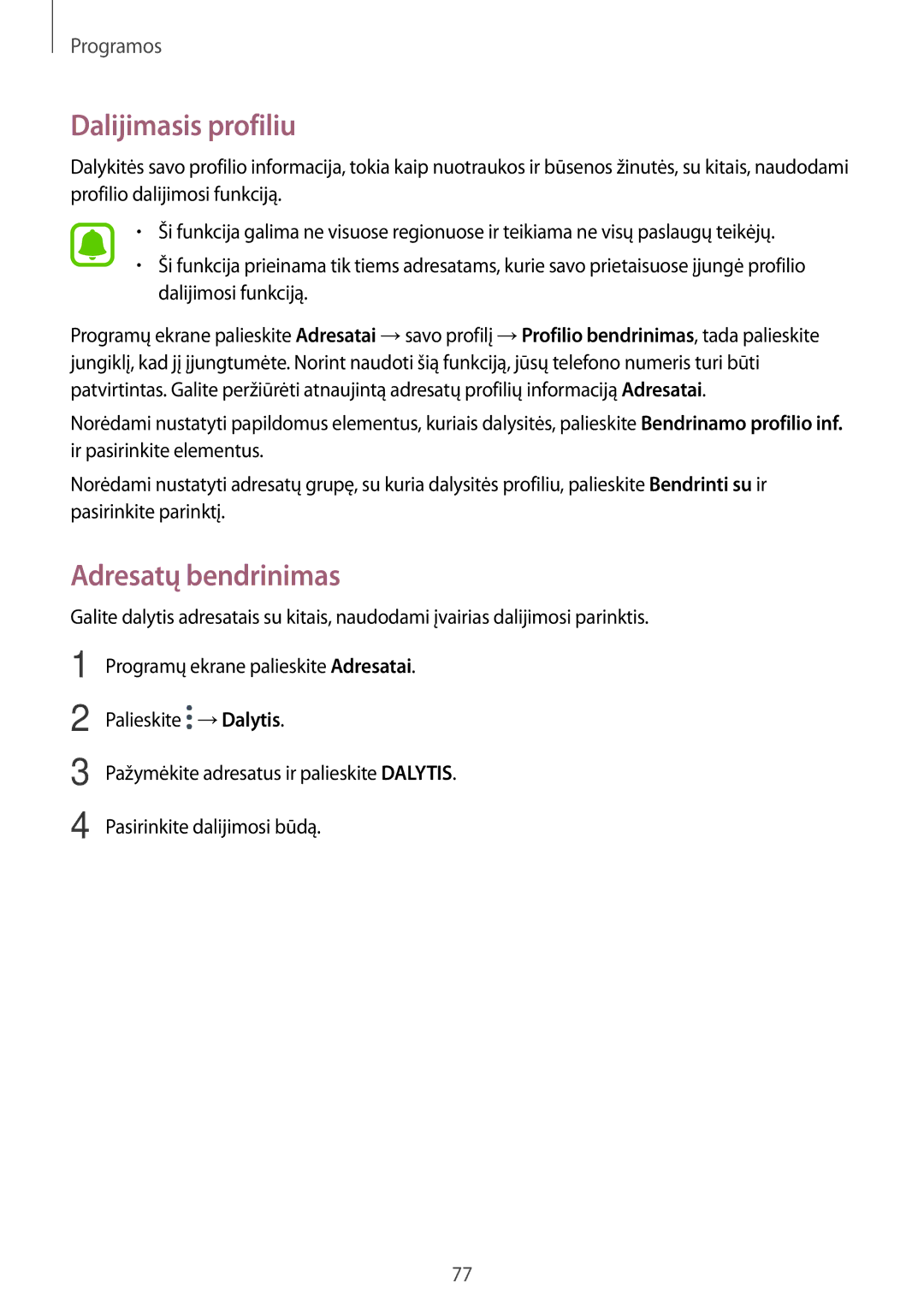 Samsung SM-A320FZDNSEB, SM-A320FZKNSEB, SM-A320FZINSEB manual Dalijimasis profiliu, Adresatų bendrinimas 