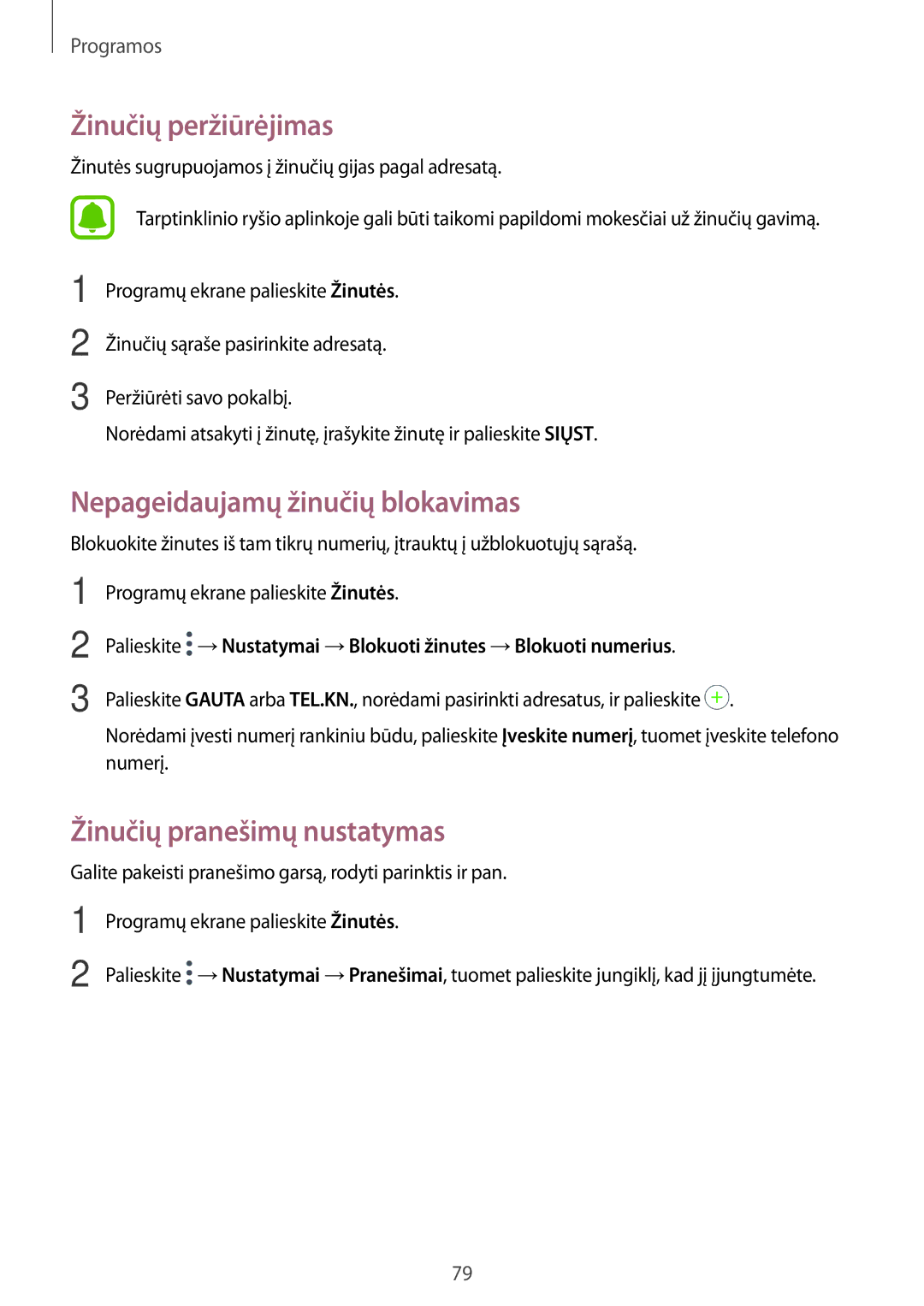 Samsung SM-A320FZINSEB manual Žinučių peržiūrėjimas, Nepageidaujamų žinučių blokavimas, Žinučių pranešimų nustatymas 