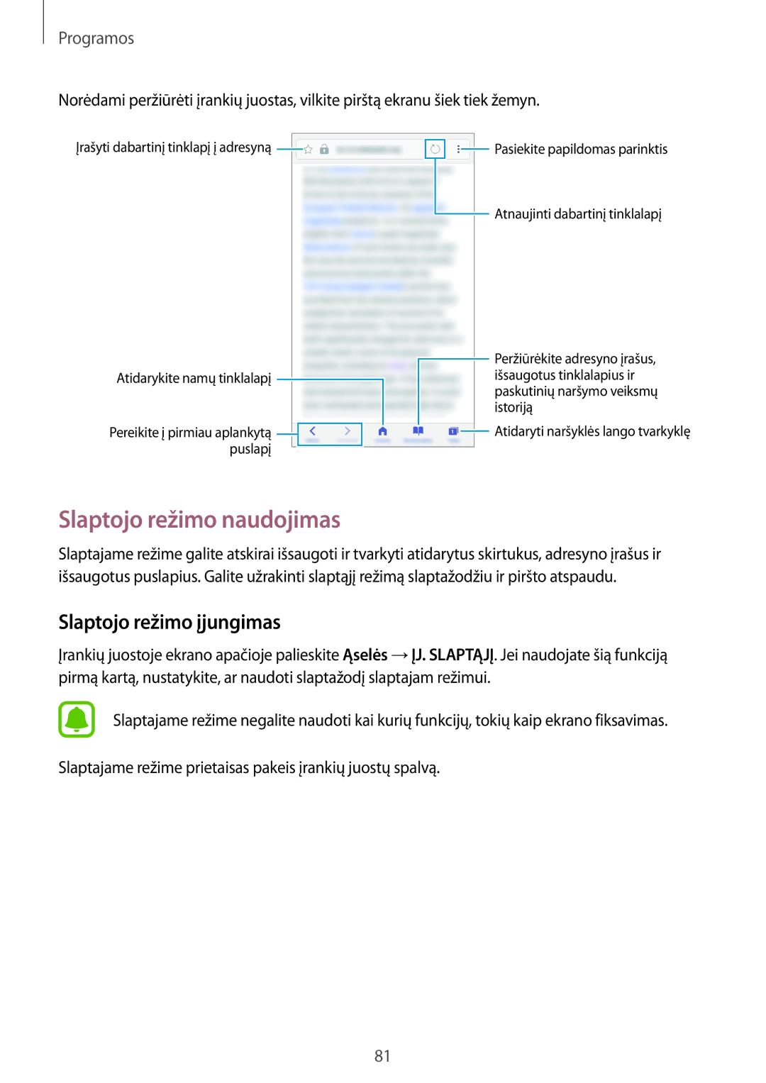 Samsung SM-A320FZKNSEB, SM-A320FZINSEB, SM-A320FZDNSEB manual Slaptojo režimo naudojimas, Slaptojo režimo įjungimas 