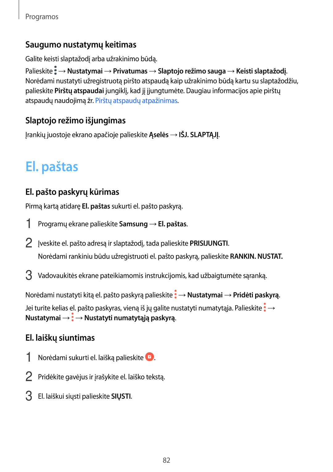 Samsung SM-A320FZINSEB manual El. paštas, Saugumo nustatymų keitimas, Slaptojo režimo išjungimas, El. pašto paskyrų kūrimas 