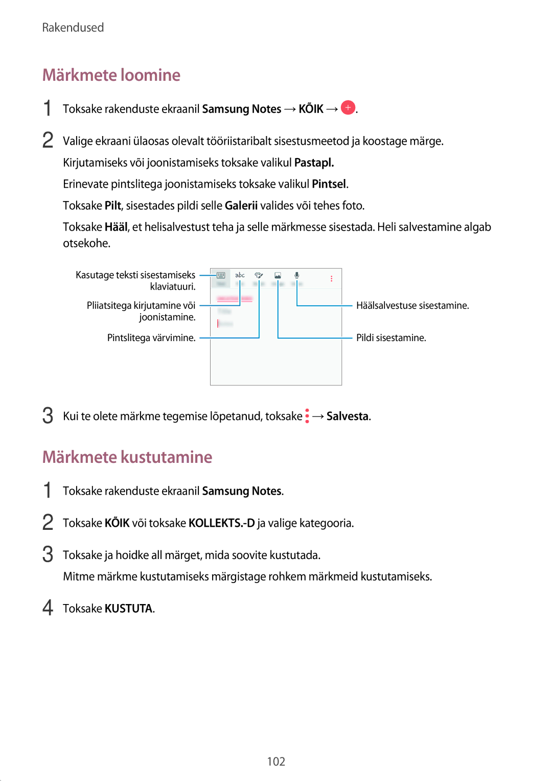 Samsung SM-A320FZKNSEB, SM-A320FZINSEB, SM-A320FZDNSEB manual Märkmete loomine, Märkmete kustutamine 