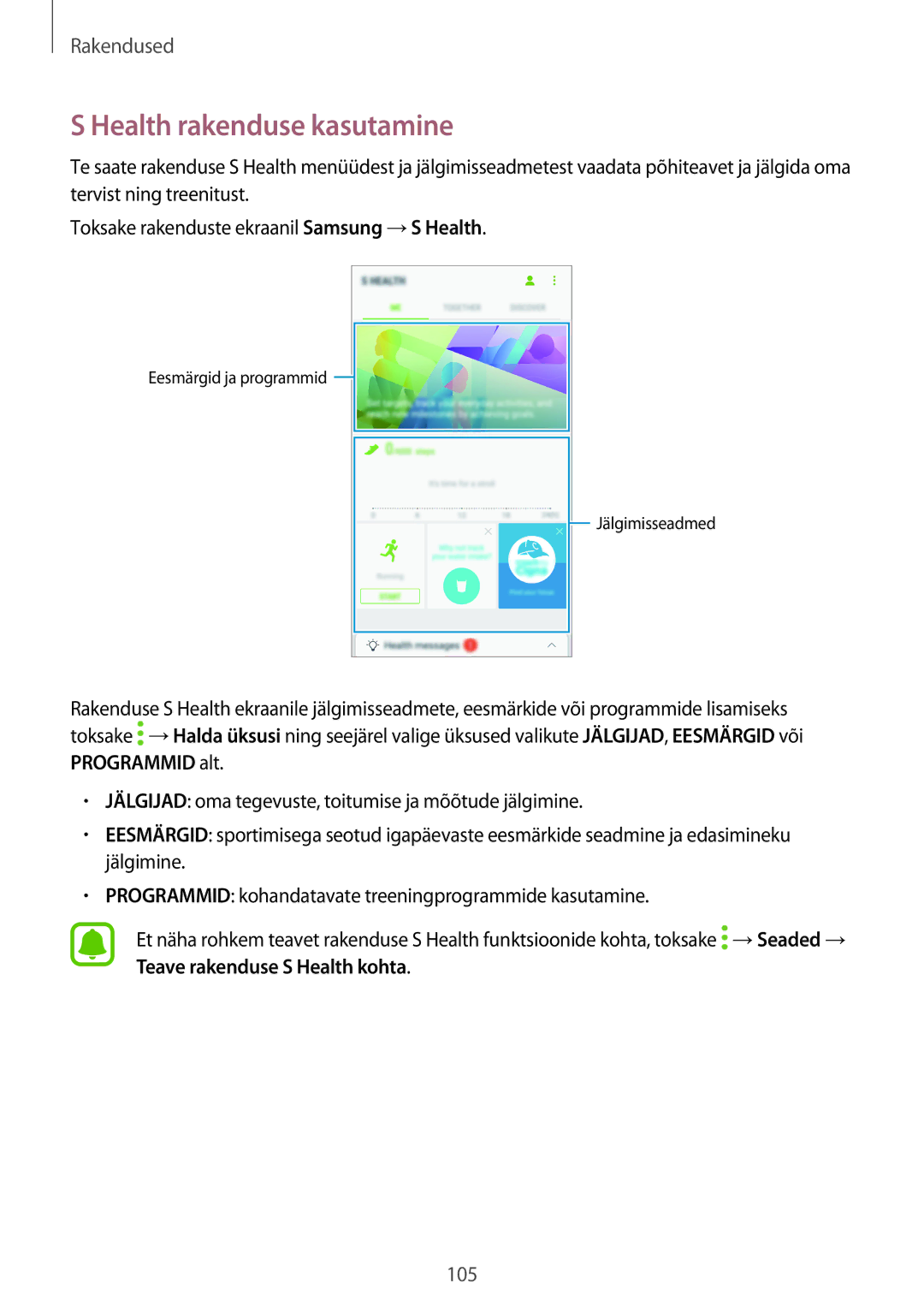 Samsung SM-A320FZKNSEB, SM-A320FZINSEB, SM-A320FZDNSEB manual Health rakenduse kasutamine 