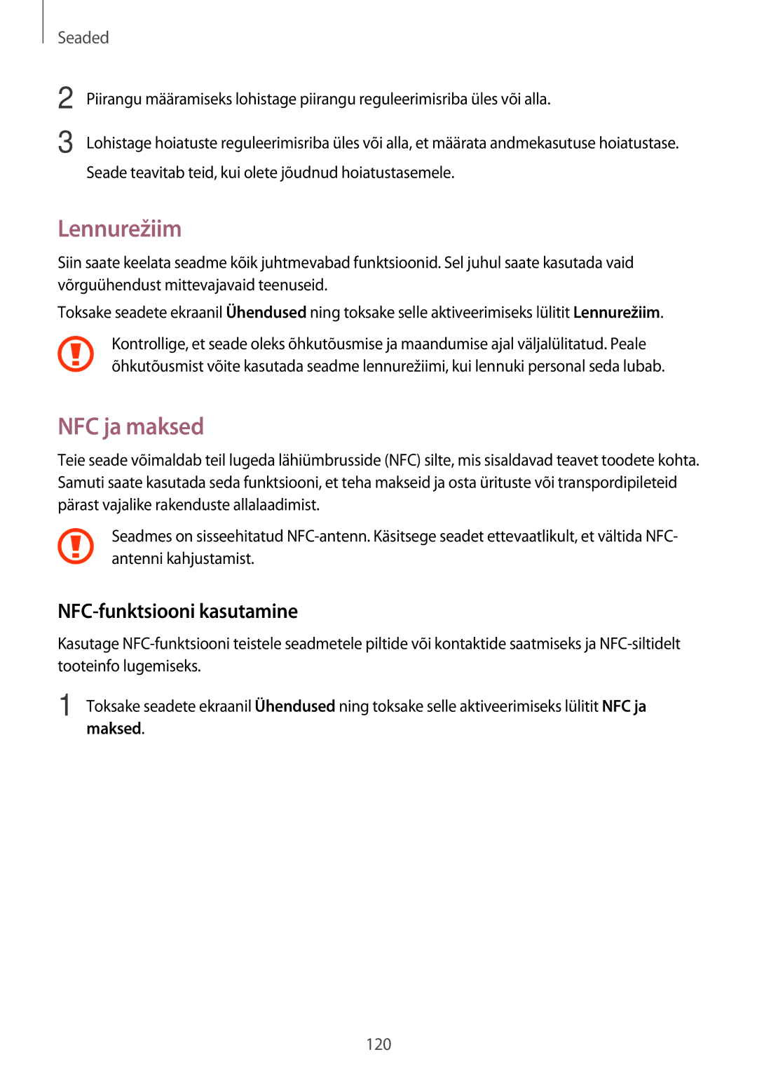 Samsung SM-A320FZKNSEB, SM-A320FZINSEB, SM-A320FZDNSEB manual Lennurežiim, NFC ja maksed, NFC-funktsiooni kasutamine 