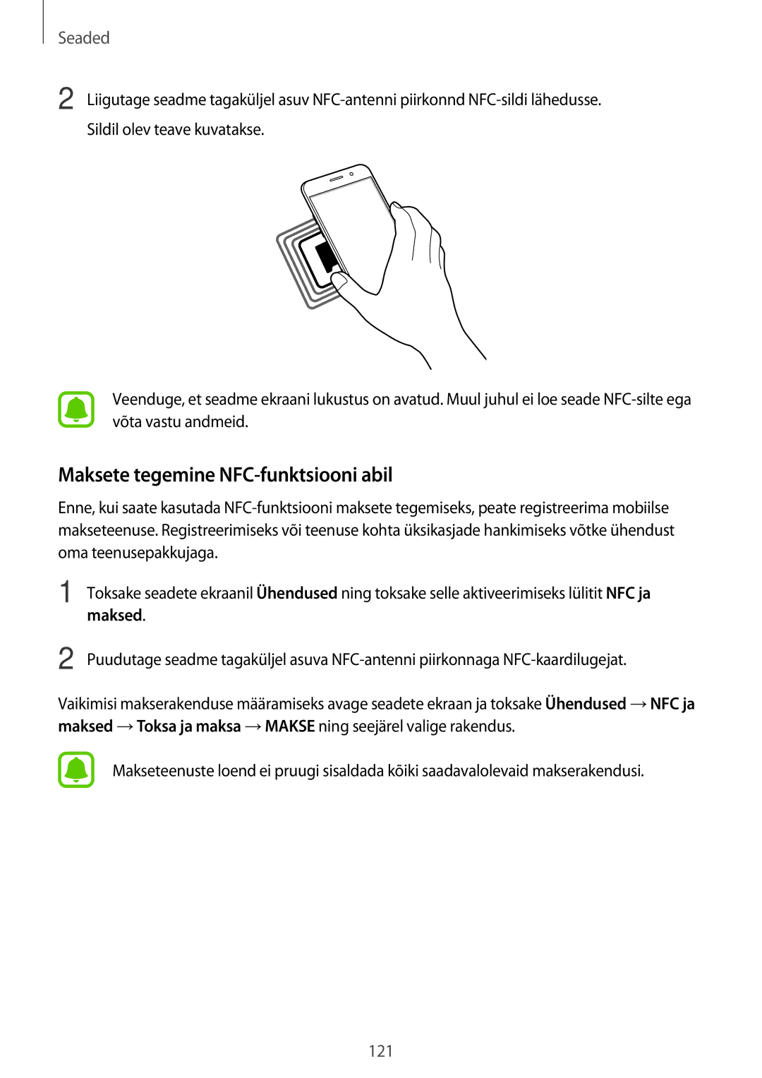 Samsung SM-A320FZINSEB, SM-A320FZKNSEB, SM-A320FZDNSEB manual Maksete tegemine NFC-funktsiooni abil 