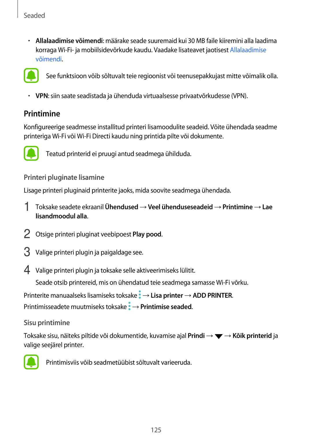 Samsung SM-A320FZDNSEB, SM-A320FZKNSEB, SM-A320FZINSEB manual Printimine, Lisandmoodul alla 