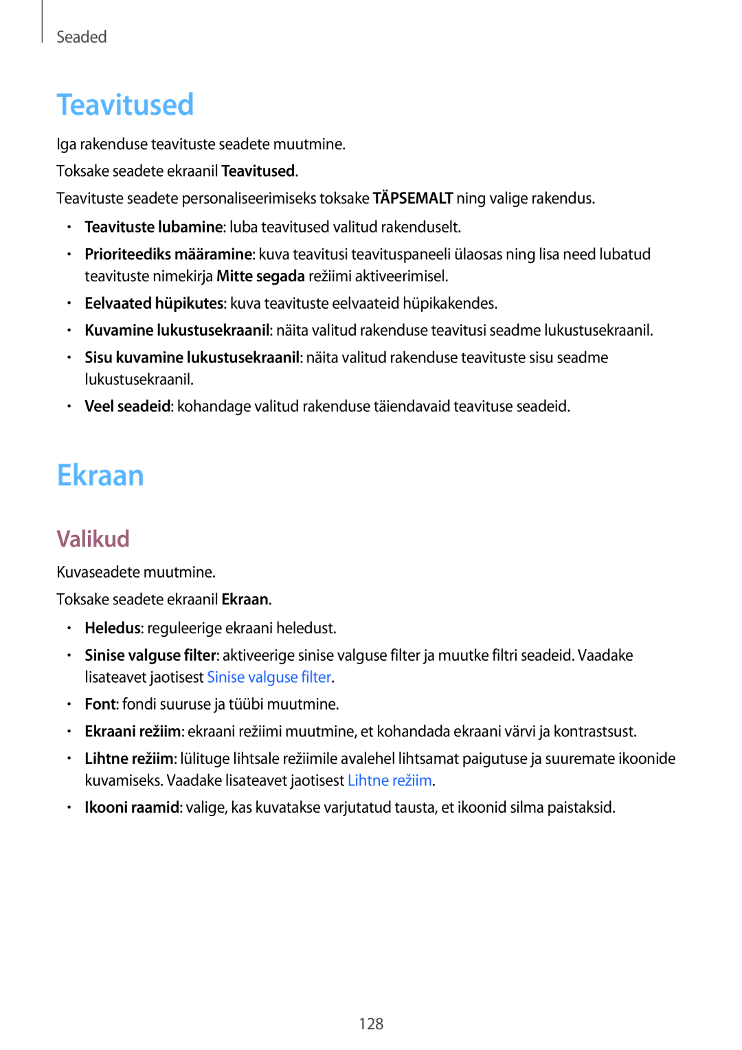 Samsung SM-A320FZDNSEB, SM-A320FZKNSEB, SM-A320FZINSEB manual Teavitused, Ekraan, Valikud 