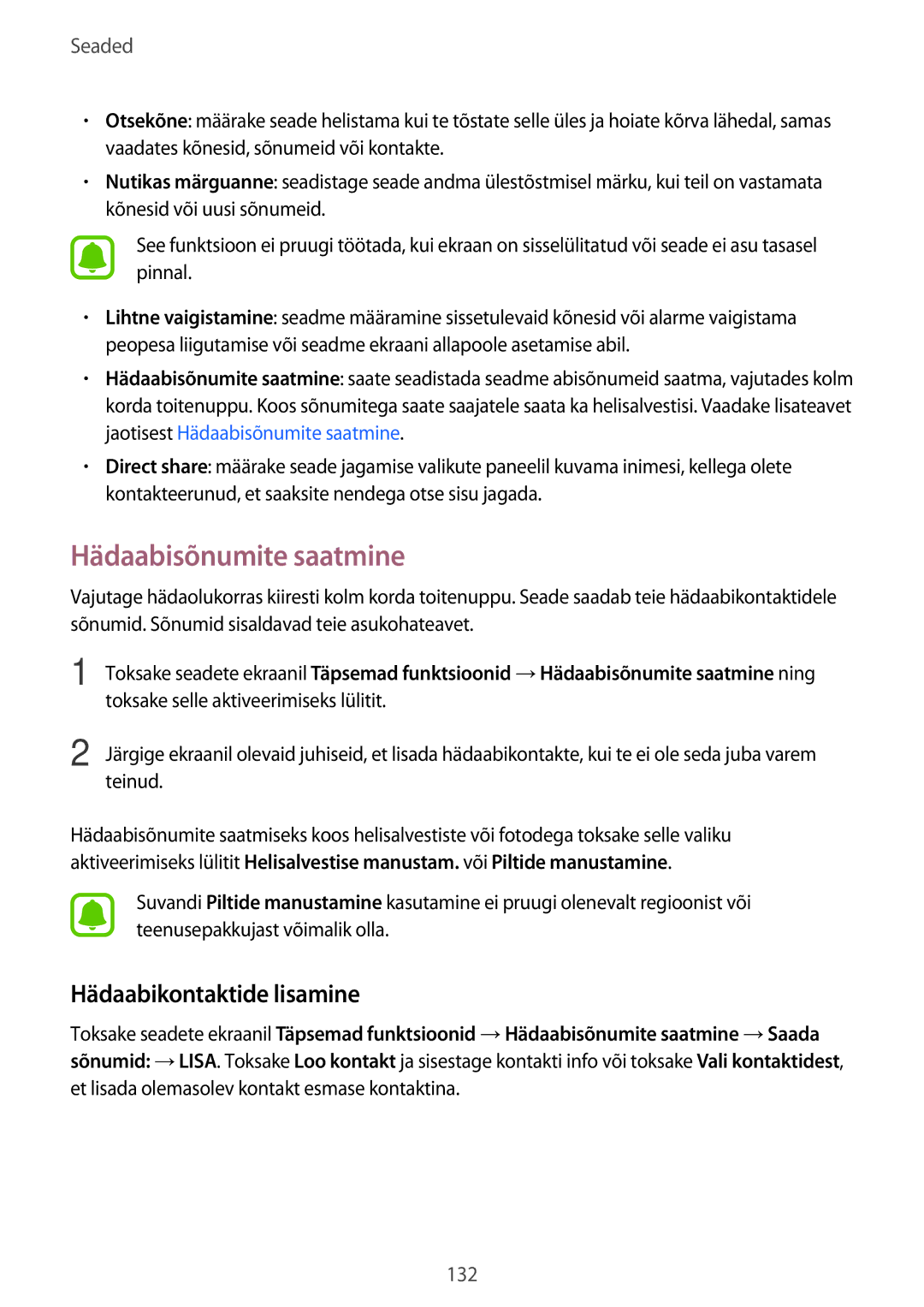 Samsung SM-A320FZKNSEB, SM-A320FZINSEB, SM-A320FZDNSEB manual Hädaabisõnumite saatmine, Hädaabikontaktide lisamine 