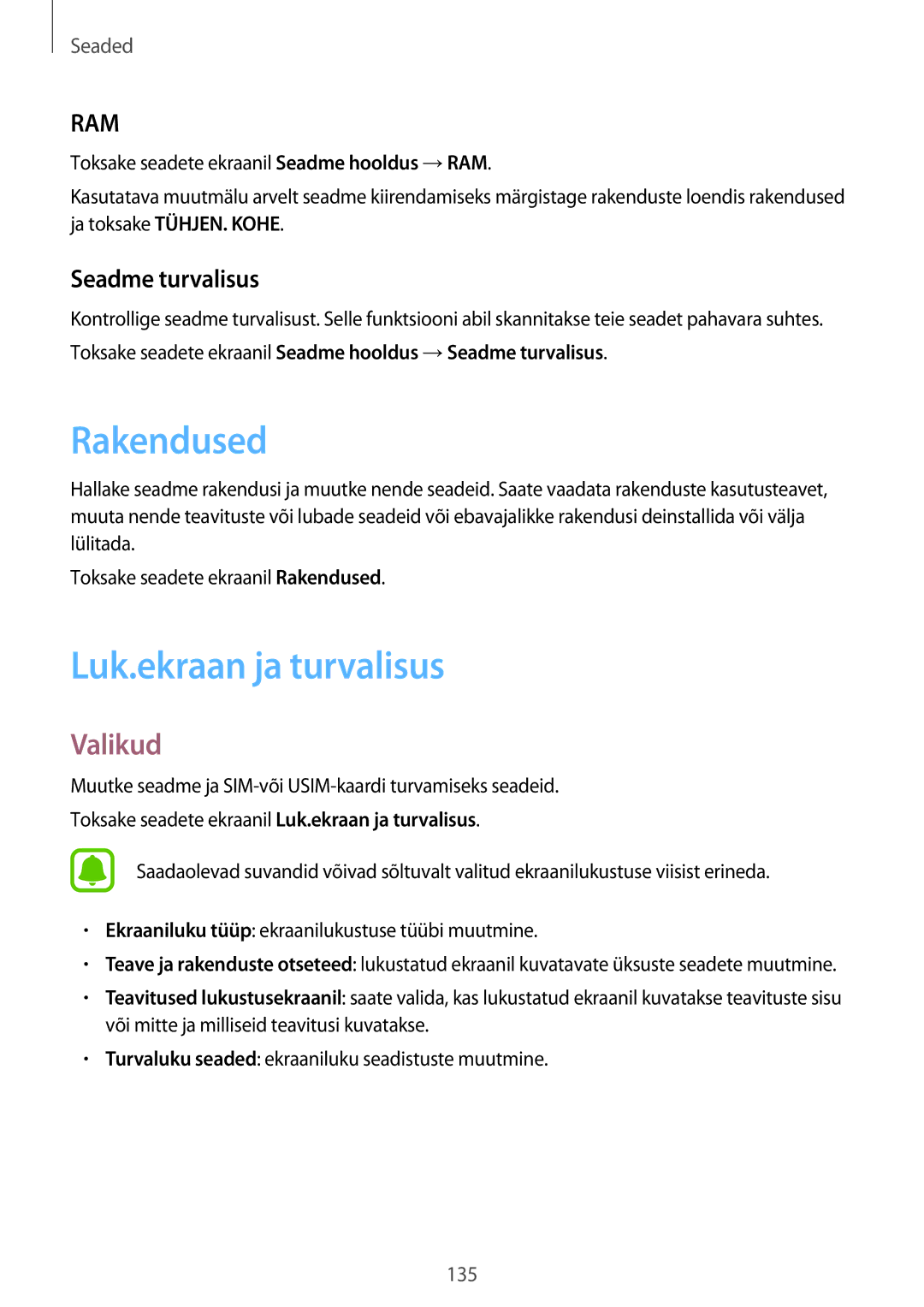 Samsung SM-A320FZKNSEB, SM-A320FZINSEB, SM-A320FZDNSEB manual Rakendused, Luk.ekraan ja turvalisus, Seadme turvalisus 