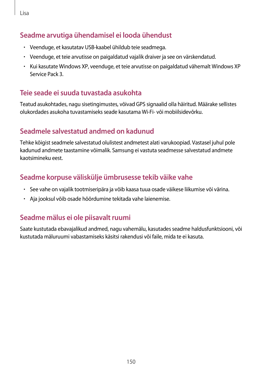 Samsung SM-A320FZKNSEB, SM-A320FZINSEB, SM-A320FZDNSEB manual Seadme arvutiga ühendamisel ei looda ühendust 