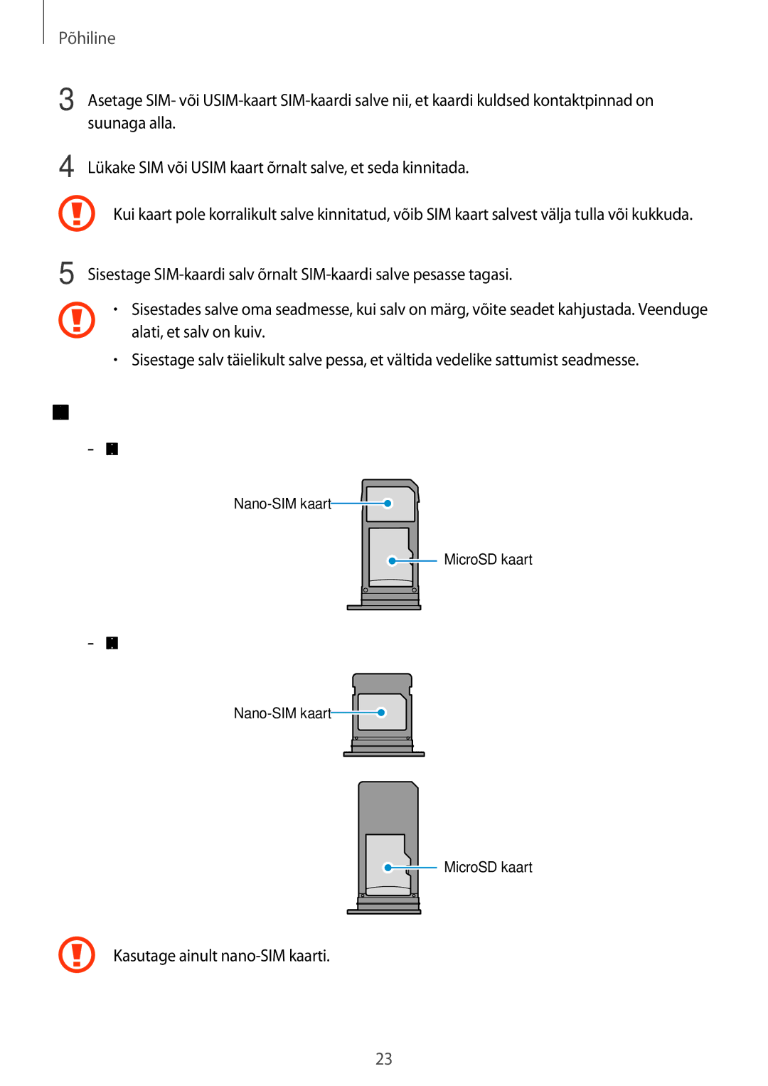 Samsung SM-A320FZDNSEB manual Kaardi korrektne paigaldamine, Lükake SIM või Usim kaart õrnalt salve, et seda kinnitada 