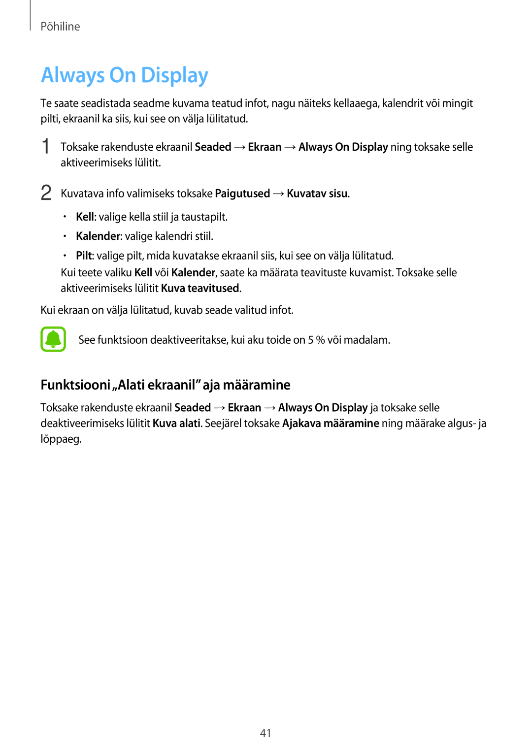 Samsung SM-A320FZDNSEB, SM-A320FZKNSEB, SM-A320FZINSEB manual Always On Display, Funktsiooni„Alati ekraanil aja määramine 