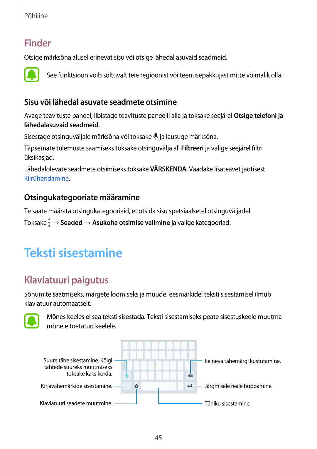 Samsung SM-A320FZKNSEB manual Teksti sisestamine, Finder, Klaviatuuri paigutus, Sisu või lähedal asuvate seadmete otsimine 