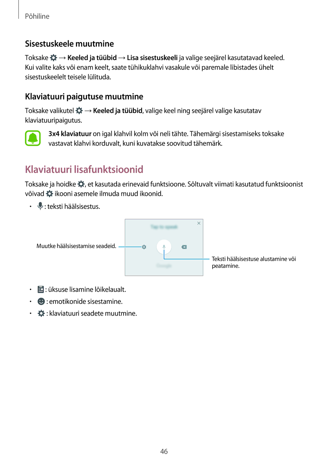 Samsung SM-A320FZINSEB manual Klaviatuuri lisafunktsioonid, Sisestuskeele muutmine, Klaviatuuri paigutuse muutmine 