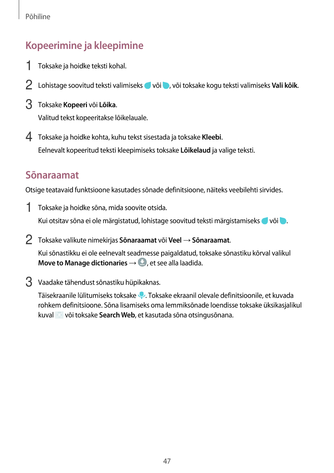 Samsung SM-A320FZDNSEB, SM-A320FZKNSEB, SM-A320FZINSEB manual Kopeerimine ja kleepimine, Sõnaraamat 