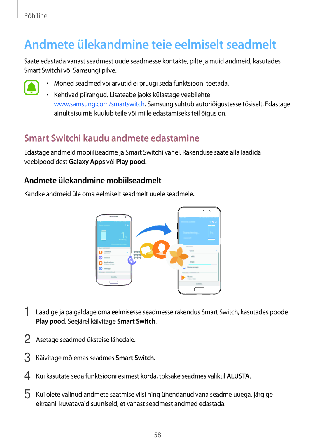 Samsung SM-A320FZINSEB, SM-A320FZKNSEB manual Smart Switchi kaudu andmete edastamine, Andmete ülekandmine mobiilseadmelt 