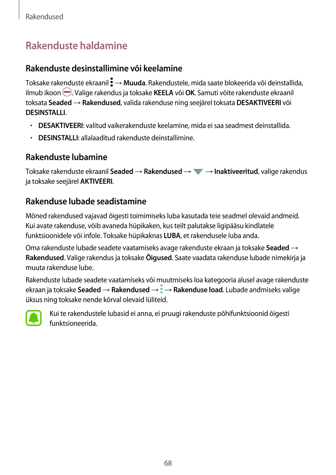 Samsung SM-A320FZDNSEB, SM-A320FZKNSEB Rakenduste haldamine, Rakenduste desinstallimine või keelamine, Rakenduste lubamine 