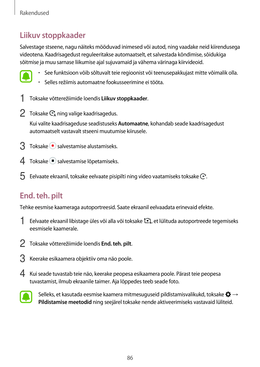 Samsung SM-A320FZDNSEB, SM-A320FZKNSEB, SM-A320FZINSEB manual Liikuv stoppkaader, End. teh. pilt 