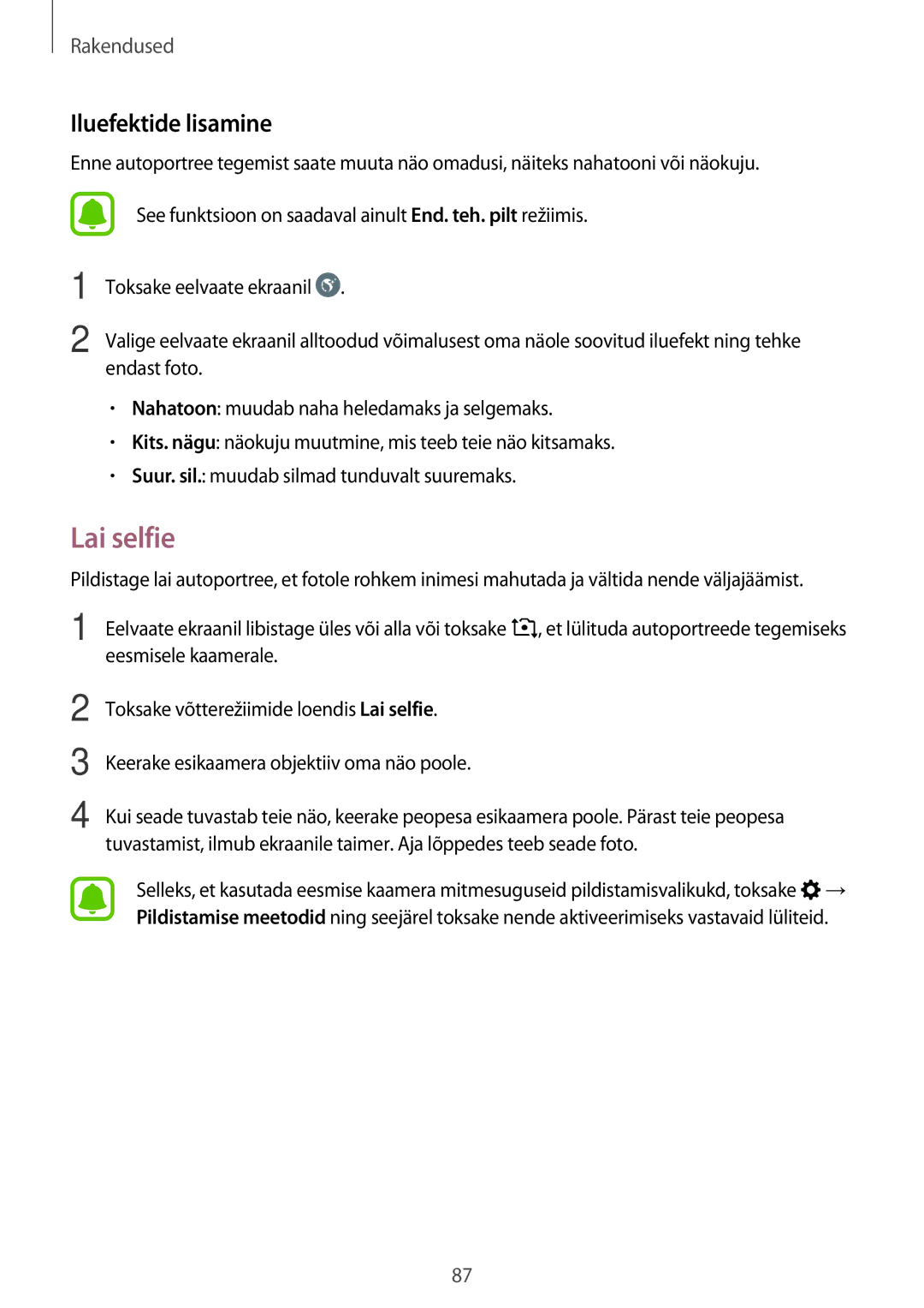 Samsung SM-A320FZKNSEB, SM-A320FZINSEB, SM-A320FZDNSEB manual Lai selfie, Iluefektide lisamine 