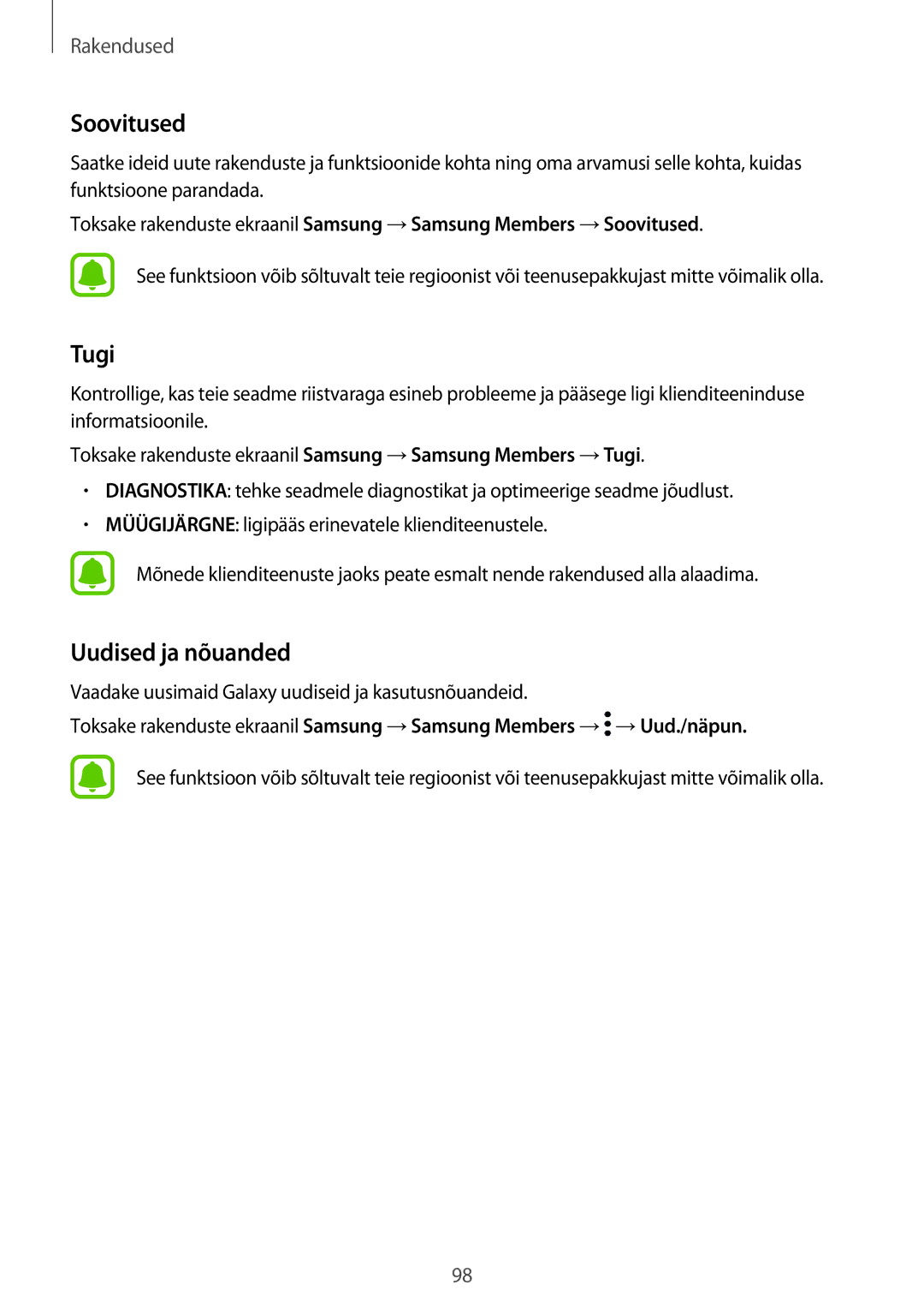 Samsung SM-A320FZDNSEB, SM-A320FZKNSEB, SM-A320FZINSEB manual Soovitused, Tugi, Uudised ja nõuanded 