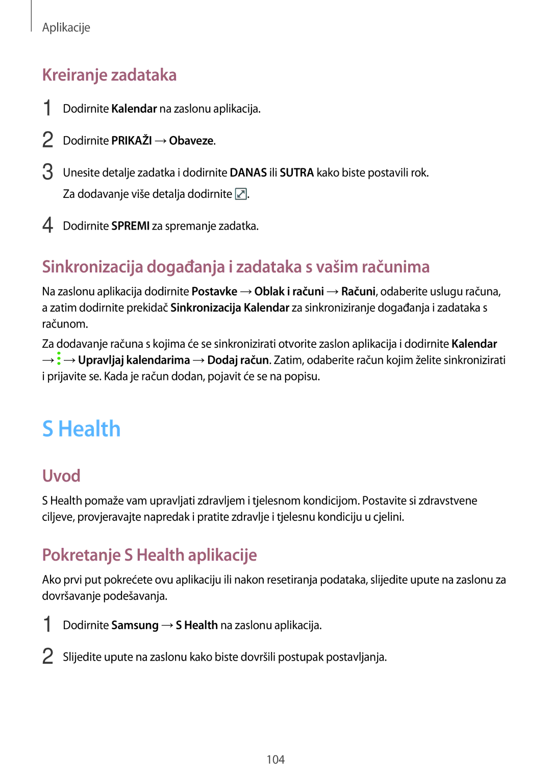 Samsung SM-A320FZKNSEE, SM-A320FZBNSEE Health, Kreiranje zadataka, Sinkronizacija događanja i zadataka s vašim računima 