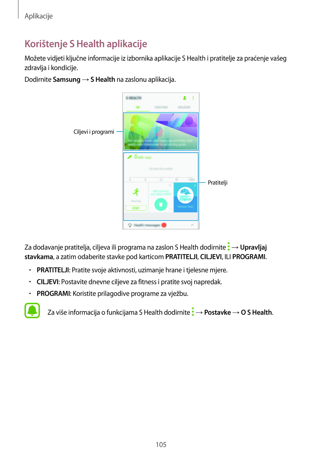 Samsung SM-A320FZBNSEE, SM-A320FZKNSEE, SM-A320FZDNSEE, SM-A320FZINSEE manual Korištenje S Health aplikacije 