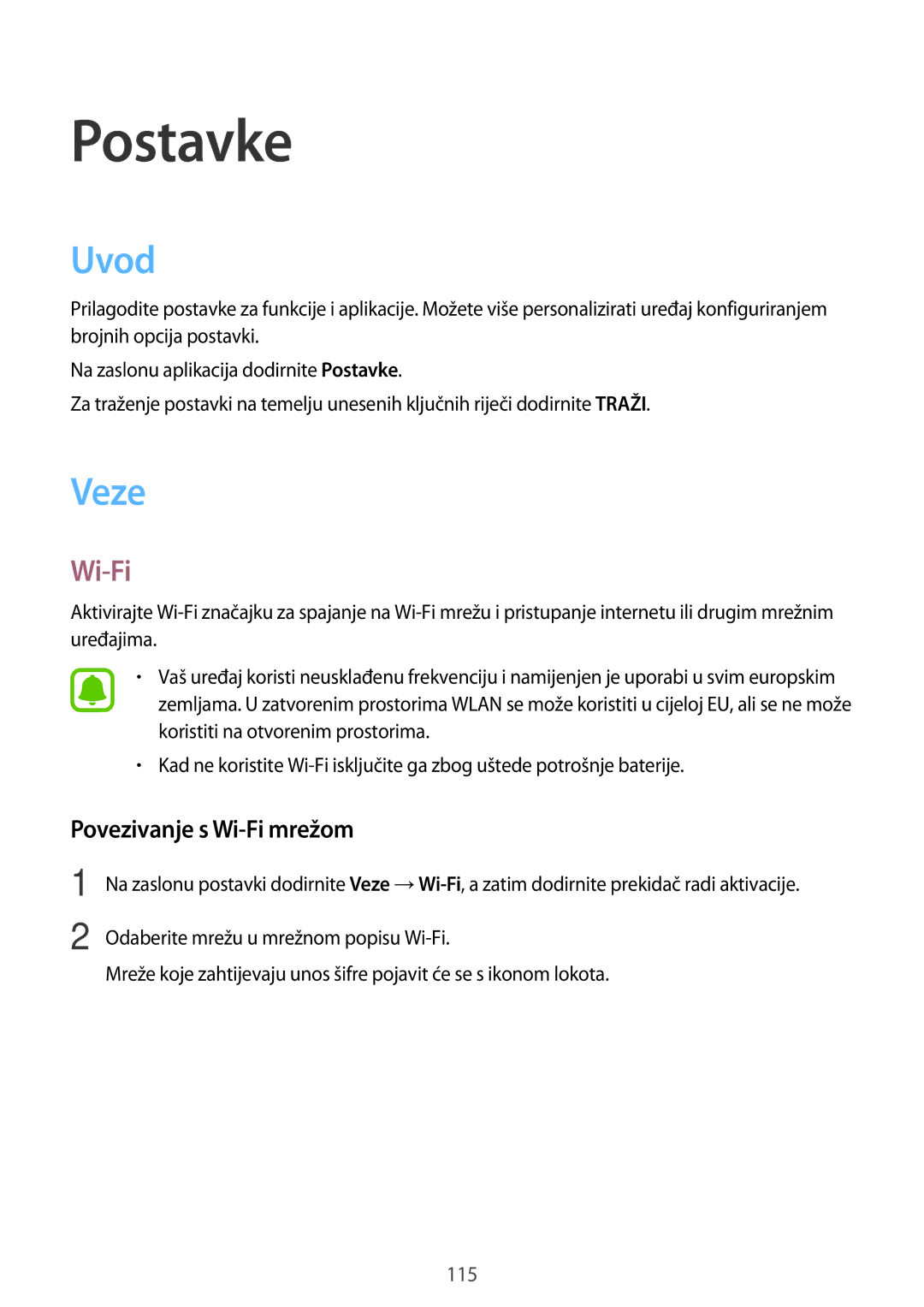 Samsung SM-A320FZINSEE, SM-A320FZKNSEE, SM-A320FZBNSEE, SM-A320FZDNSEE manual Uvod, Veze, Povezivanje s Wi-Fi mrežom 