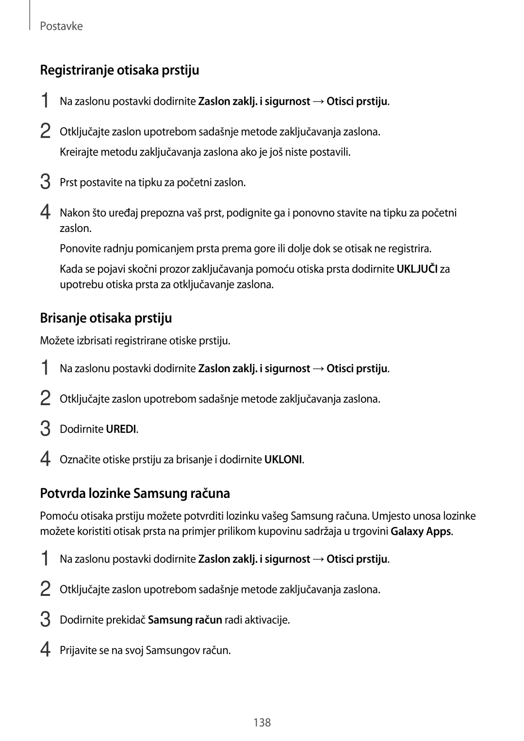 Samsung SM-A320FZDNSEE manual Registriranje otisaka prstiju, Brisanje otisaka prstiju, Potvrda lozinke Samsung računa 