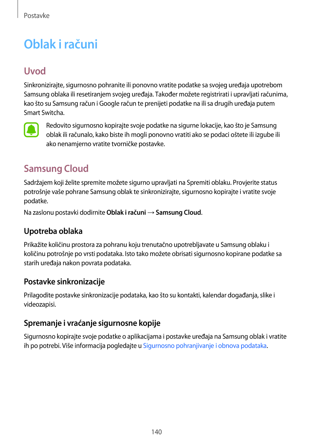 Samsung SM-A320FZKNSEE, SM-A320FZBNSEE manual Oblak i računi, Samsung Cloud, Upotreba oblaka, Postavke sinkronizacije 