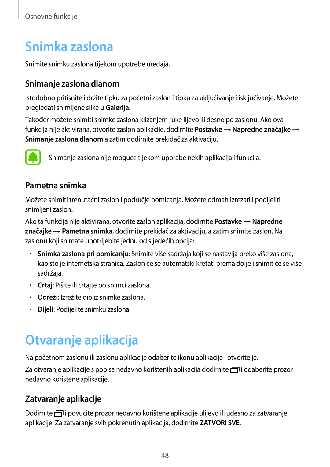 Samsung SM-A320FZKNSEE, SM-A320FZBNSEE manual Snimka zaslona, Otvaranje aplikacija, Snimanje zaslona dlanom, Pametna snimka 