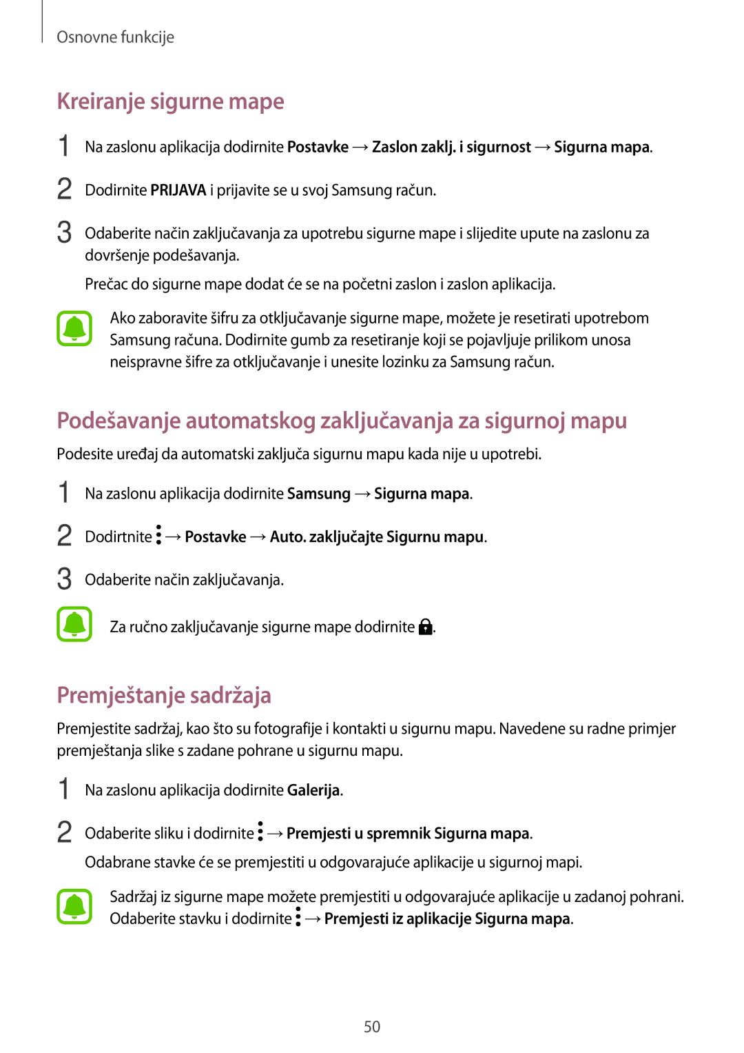 Samsung SM-A320FZDNSEE, SM-A320FZKNSEE manual Kreiranje sigurne mape, Podešavanje automatskog zaključavanja za sigurnoj mapu 