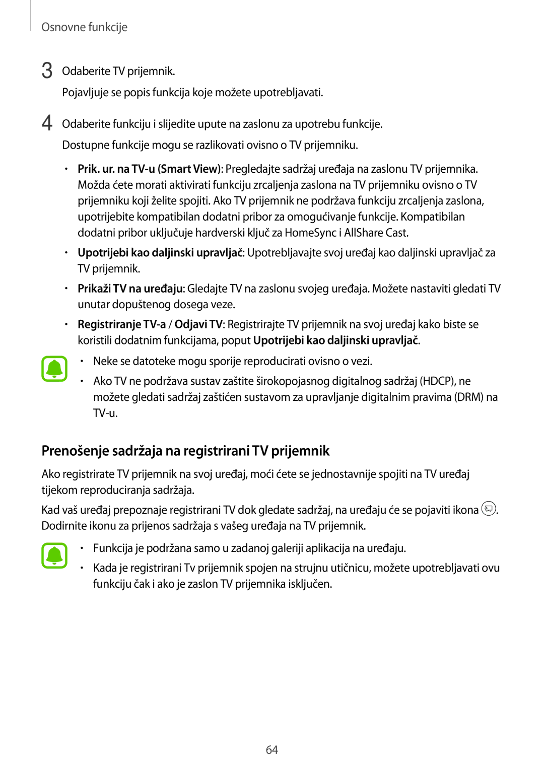 Samsung SM-A320FZKNSEE, SM-A320FZBNSEE, SM-A320FZDNSEE, SM-A320FZINSEE manual Prenošenje sadržaja na registrirani TV prijemnik 