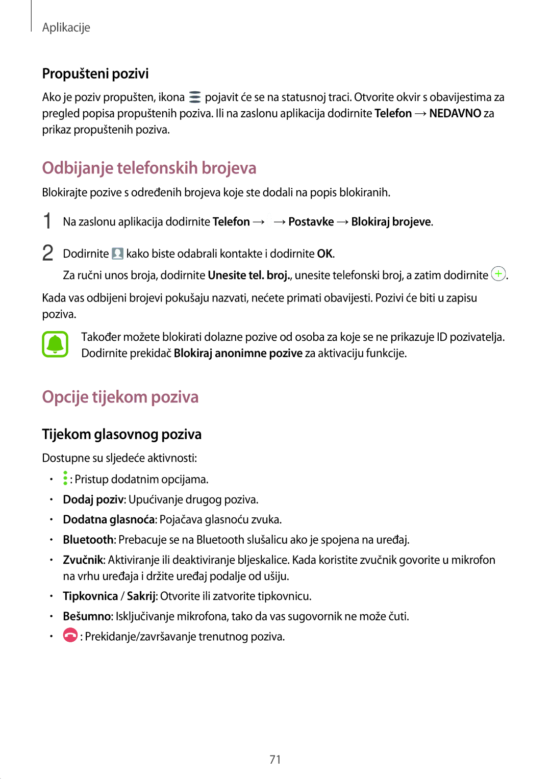 Samsung SM-A320FZINSEE Odbijanje telefonskih brojeva, Opcije tijekom poziva, Propušteni pozivi, Tijekom glasovnog poziva 